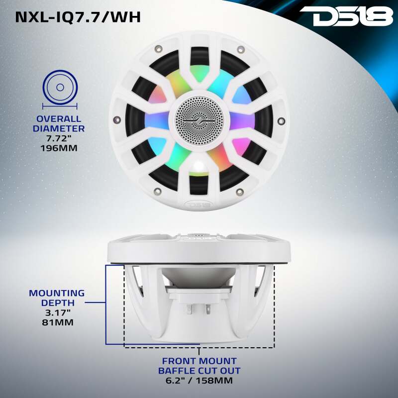 DS18 7.7in 2-Way 175 Watts RMS 4ohm Dgtl LED Lights Bullet Tweeter Cvrs Incl Wht Built-in Deck Light
