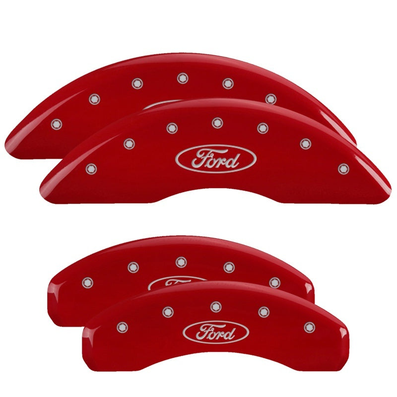 MGP 4 Caliper Covers Engraved Front & Rear 24-25 Ford Mustang GT Red Finish Silver Ford Oval Logo