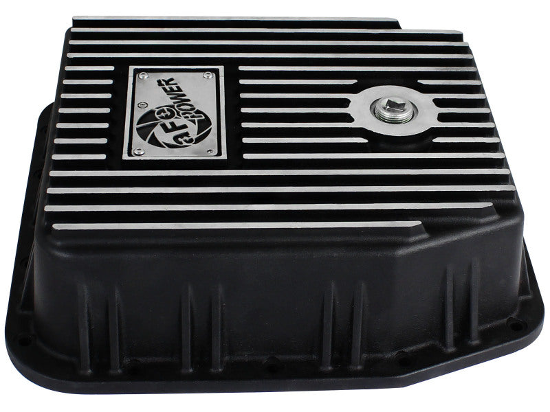 aFe POWER Transmission Pan Ford Trucks 80-92 (AOD Transmission)- Black w/ Machined Fins