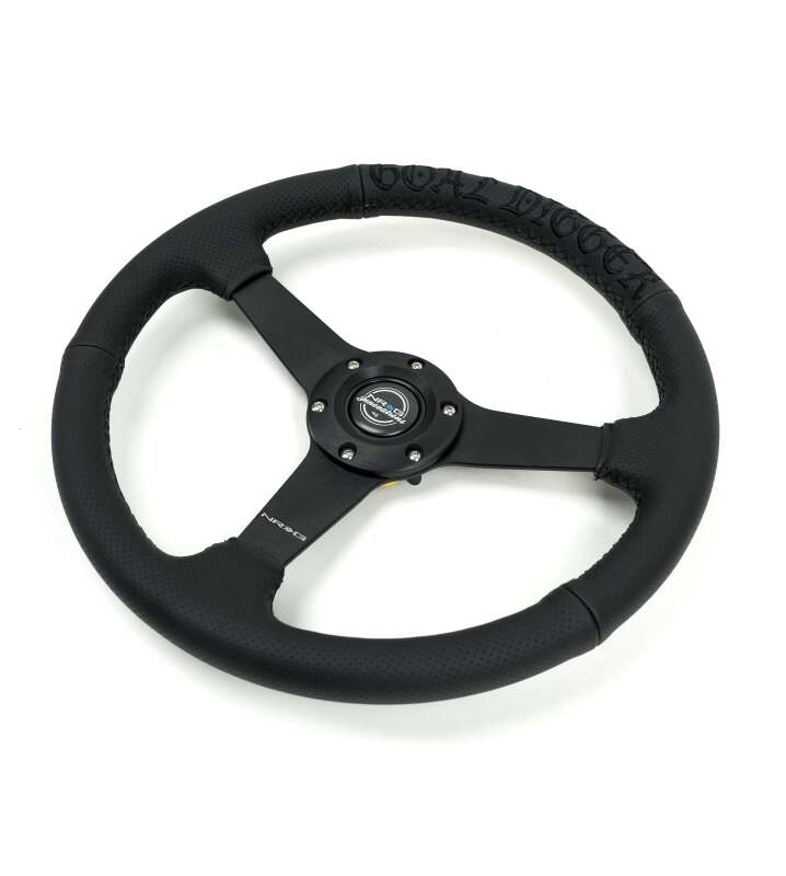 NRG Reinforced Black Perforated Leather Steering Wheel 350mm / 1.5in Deep w/ Goal Digger Blk Stitch
