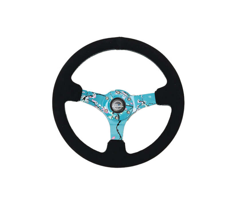 NRG Reinforced Suede Steering Wheel (350mm / 3in. Deep) Hydro Dipped Blossom Floral w/ Teal Stitch