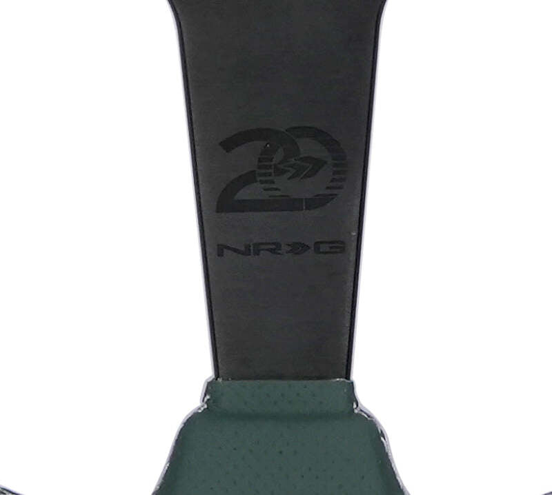 NRG Steering Wheel 1.5in Dish 350mm Black Perforated Leather - Emerald Stitching - Reinforced Spoke