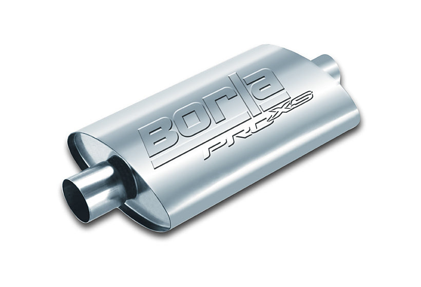 BORLA 400477 UNIVERSAL Performance Muffler, oval, silver ProXS, In / Out 2.25", Central / Offset, dim. 14"x4"x9.5", Mounting clamp Photo-1 