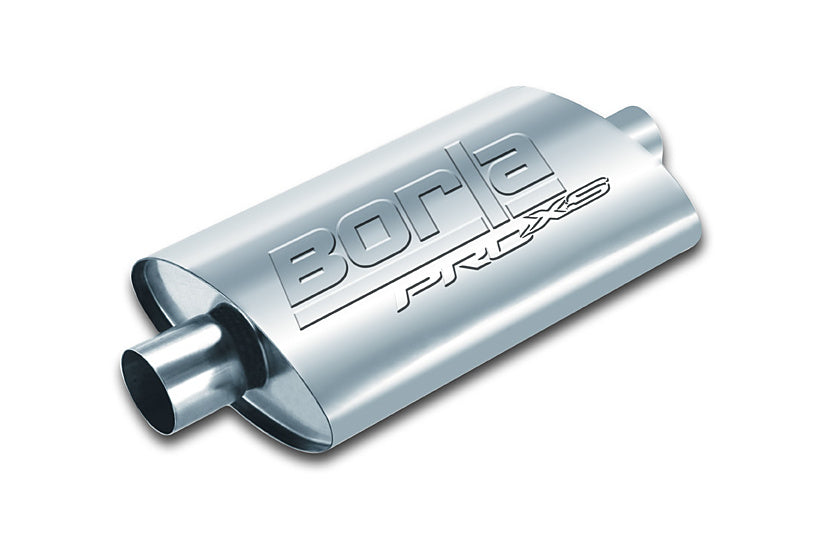 BORLA 400485 UNIVERSAL Performance Muffler, oval, silver ProXS, In 2.5" / Out 2x2.5", Centre / dual, dim. 19"x4"x9.5", Mounting clamp Photo-1 