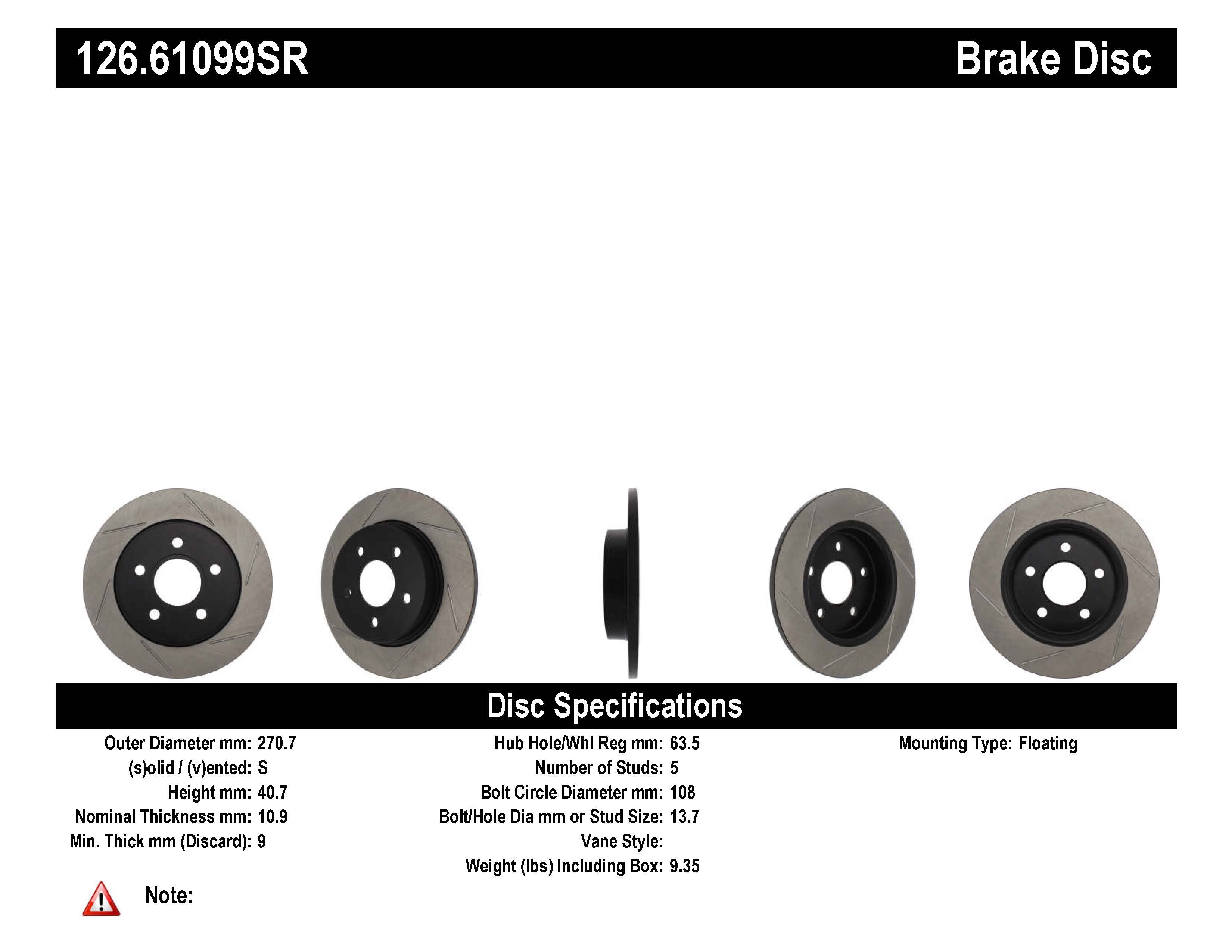 STOPTECH 126.61099SR Rear StopTech Sport Slotted Rotor Right FORD Focus 2012-2018 Photo-1 