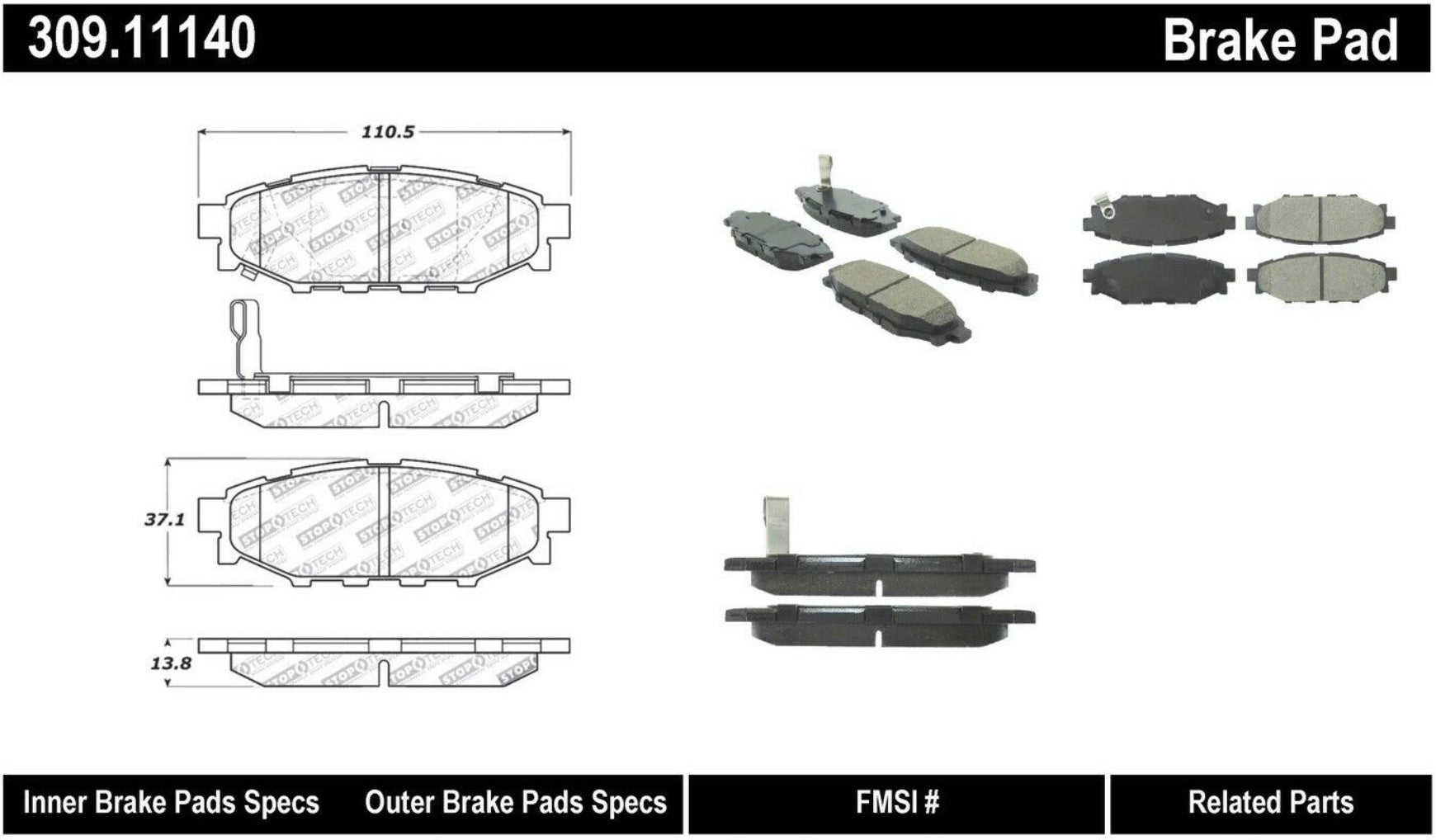 STOPTECH 309.11140 Rear Sport Brake Pads with Shims & Hardware SCION/SUBARU BRZ/Crosstrek/Forester/FR-S 2005-2019 Photo-2 