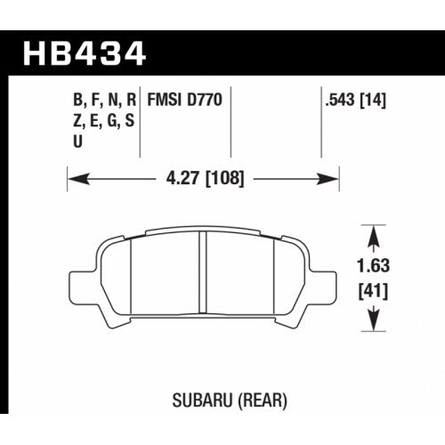 HAWK HB434S.543 Brake Pads HT-10 (14 mm) Rear SUBARU Forester 2002-08/Impreza (non WRX STI)/Legacy Photo-1 