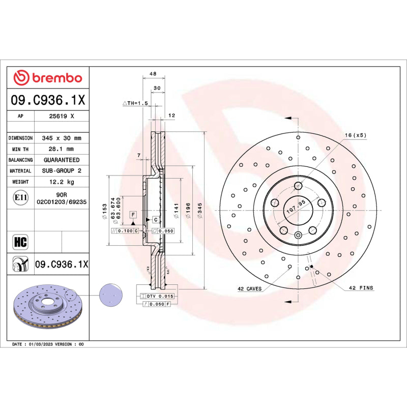 Brembo 16-24 Volvo XC90 / 18-24 XC60 Front Premium Xtra Cross Drilled UV Coated Rotor