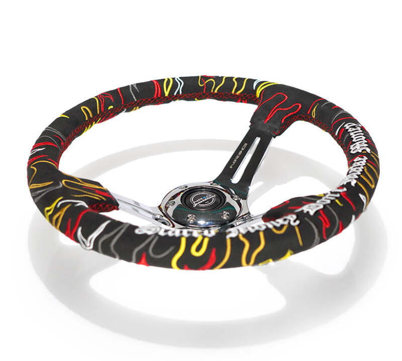 NRG Reinforced Steering Wheel R Litteral Sig 3in Deep/5mm Chrome Spoke - Blk Alcantara w/ Red Stitch