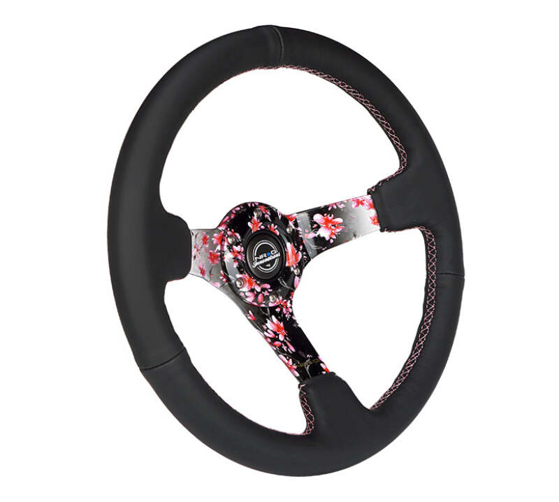 NRG Reinforced Steering Wheel (350mm/3in.) Hydro Dipped Sakura Floral w/ Pink Suede Black Stitch