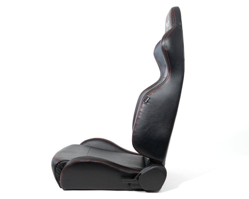 NRG Reclinable Racing Seats (Pair) Black Leather w/NRG Logo Red Stitch