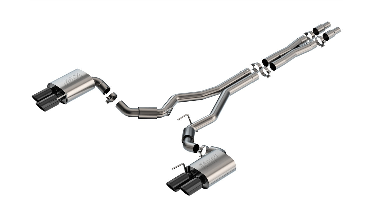 BORLA 140969BC Exhaust system Cat-Back S-type 3" D RD RL AC BC SR Tip: 4" RD X 9.50" & 4" RD X 9.00" Black chrome Quad tip (Non-active exhaust) for FORD Mustang GT 5.0L V8 2024 Photo-1 