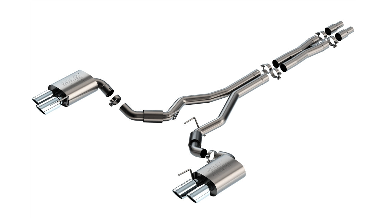 BORLA 140970 Exhaust system Cat-Back ATAK 3" D RD RL AC SR Tip: 4" RD X 9.50" & 4" RD X 9.00" Quad tip (Non-active exhaust) for FORD Mustang GT 5.0L V8 2024 Photo-1 