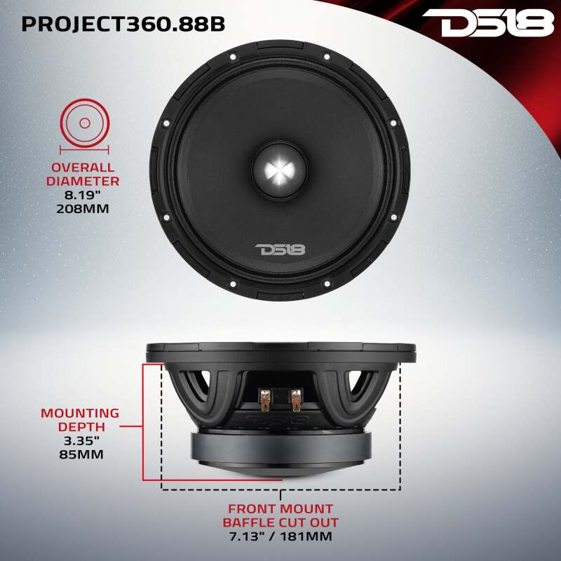 DS18 PROJECT360 8in Mid-High 100.2 dB Bullet Loudspeaker 300W RMS 8-Ohm Rotating Recone Design