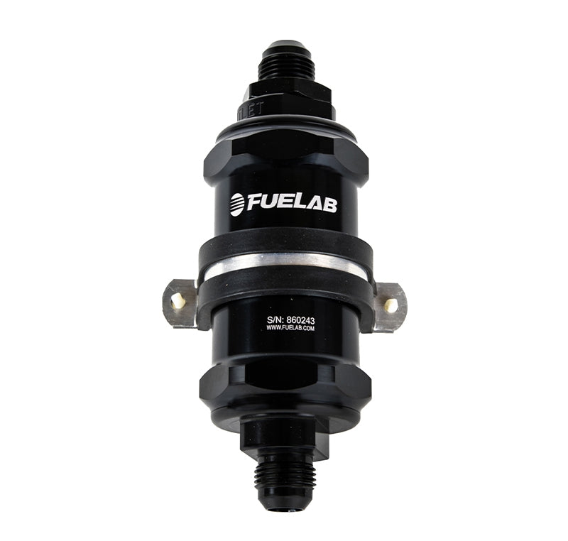 FUELAB 84832-1 In-Line Fuel Filter With Check Valve (8AN in/out, 3 inch 6 micron fiberglass element) Black Photo-1 
